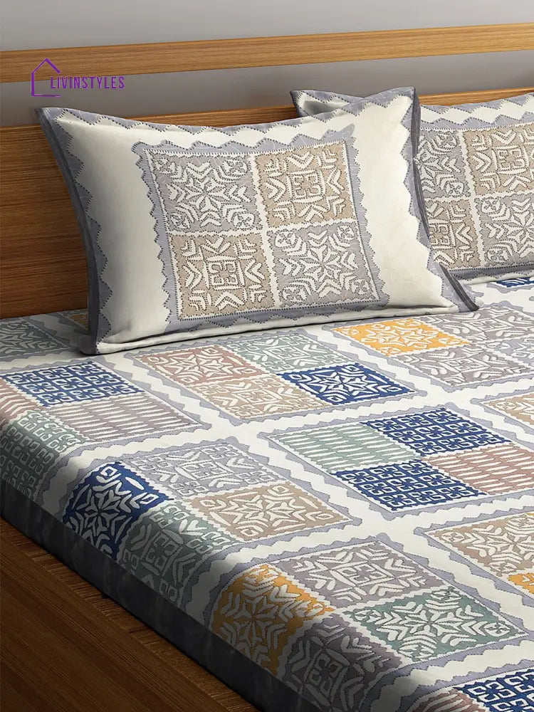 Screen Block Print Jaipuri Cotton Geometric Pattern King Size Bedsheet With 2 Pillow Covers