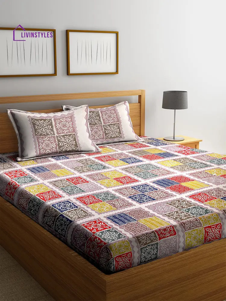 Screen Block Print Jaipuri Cotton Geometric Pattern King Size Bedsheet With 2 Pillow Covers