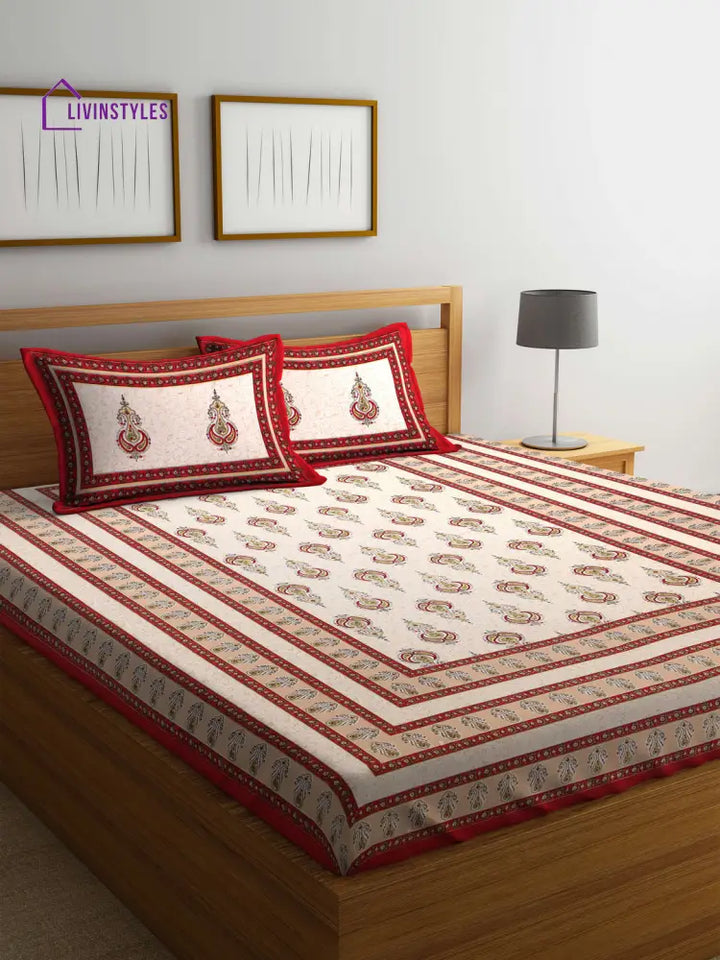 Screen Block Print Jaipuri Red And White Cotton Double Bedsheet With 2 Pillow Covers