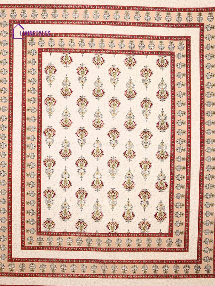 Screen Block Print Jaipuri Red And White Cotton Double Bedsheet With 2 Pillow Covers