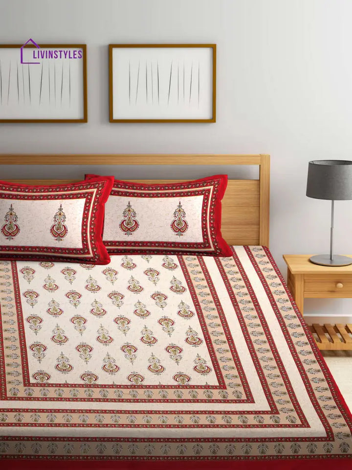 Screen Block Print Jaipuri Red And White Cotton Double Bedsheet With 2 Pillow Covers