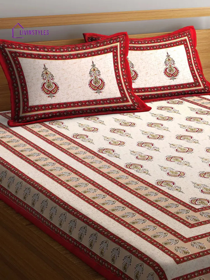 Screen Block Print Jaipuri Red And White Cotton Double Bedsheet With 2 Pillow Covers