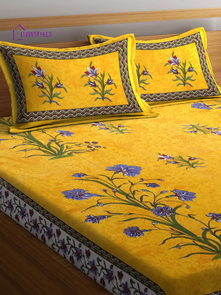 Screen Block Print Jaipuri Yellow Double Bedsheet With 2 Pillow Covers Bed Sheet