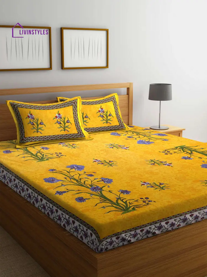 Screen Block Print Jaipuri Yellow Double Bedsheet With 2 Pillow Covers Bed Sheet