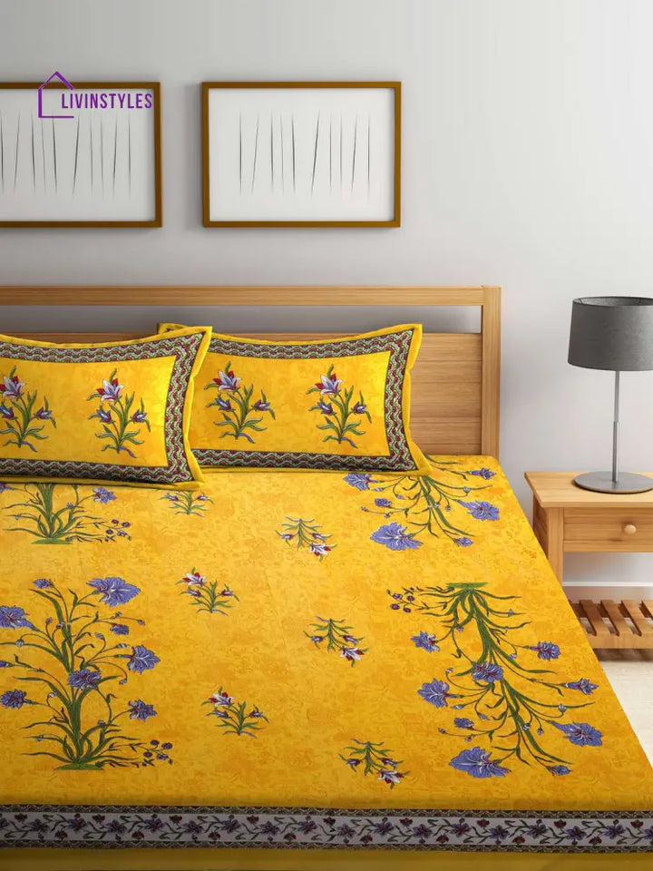 Screen Block Print Jaipuri Yellow Double Bedsheet With 2 Pillow Covers Bed Sheet