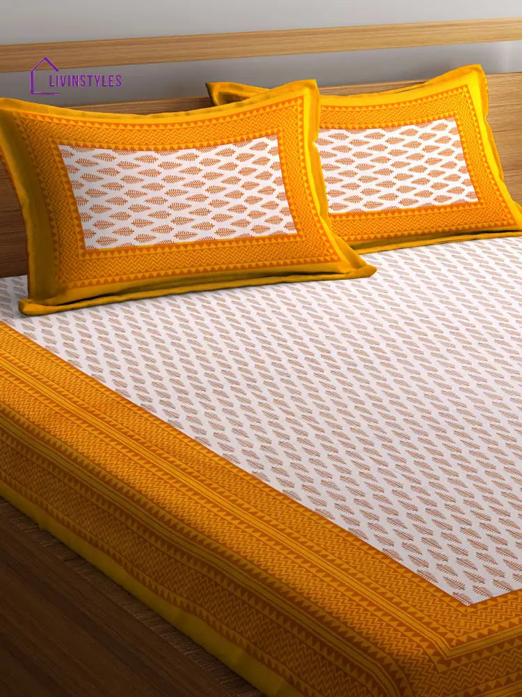 Screen Print Jaipuri White And Yellow Double Bedsheet With 2 Pillow Covers