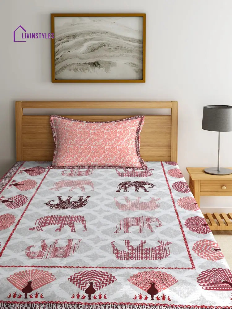 Screen Print Jaiuri Cotton Animal Pattern Single Bedsheet With 1 Pillow Cover Bed Sheet