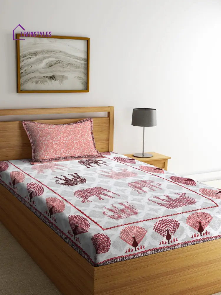 Screen Print Jaiuri Cotton Animal Pattern Single Bedsheet With 1 Pillow Cover Bed Sheet