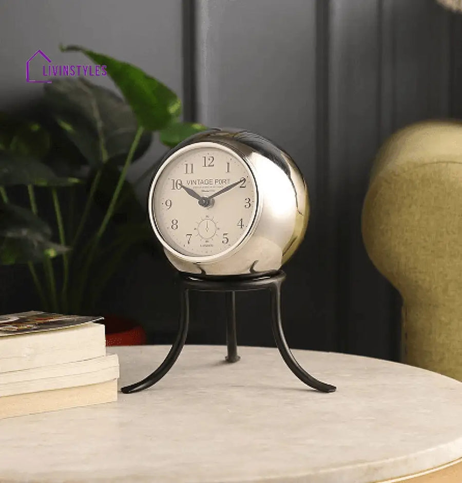 Seated Sphere Clock In Silver & Black Colour