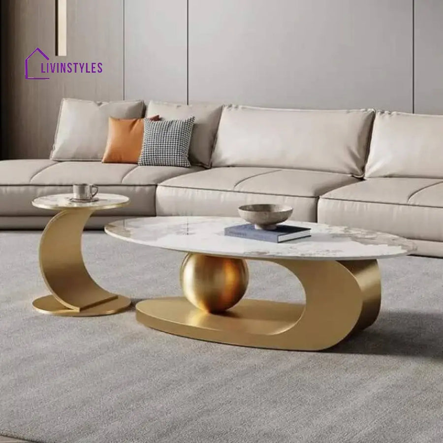 Sejal Marble Top Stainless Steel With Pvd Coated Coffee Table Set