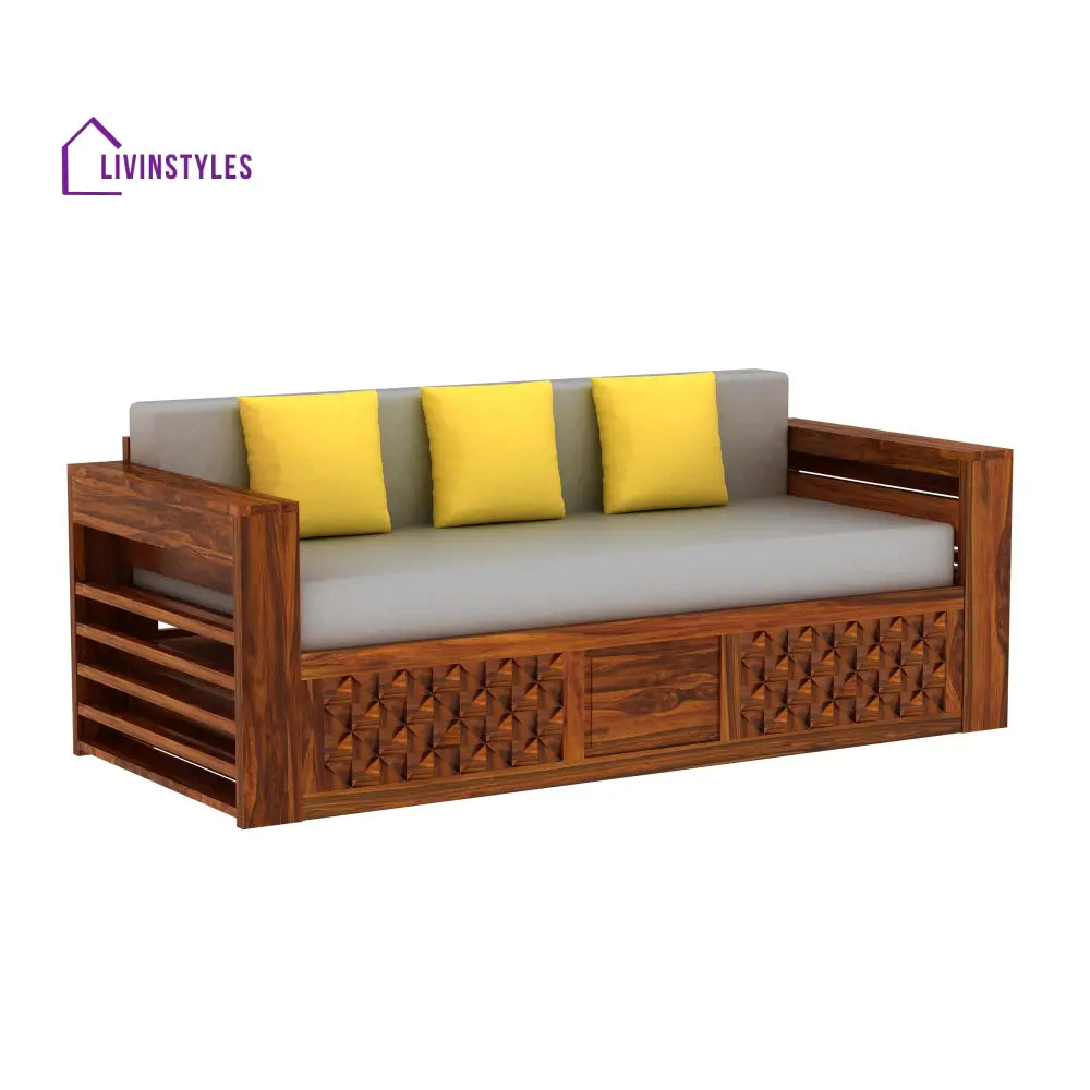 Raj Solid Sheesham Wood 3 Seater Sofa Cum Bed With Mini Storage And Side Pockets - 1 Year Warranty