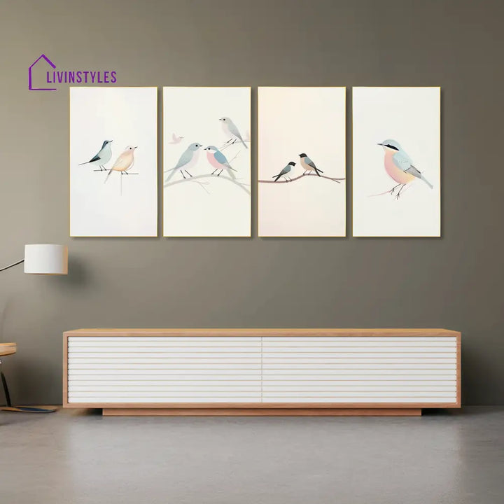 Serene Bird Branch Art Set Of 4 Canvas Wall Painting