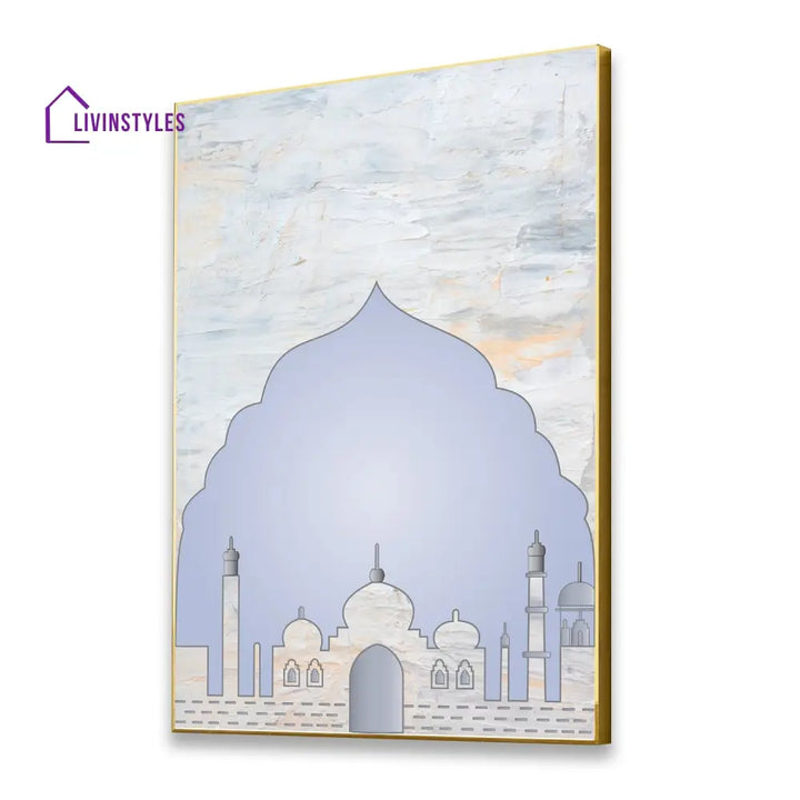 Serene Blue Mosque Wall Art Painting 16 X 20 Inch / Canvas Gold Floating Frame