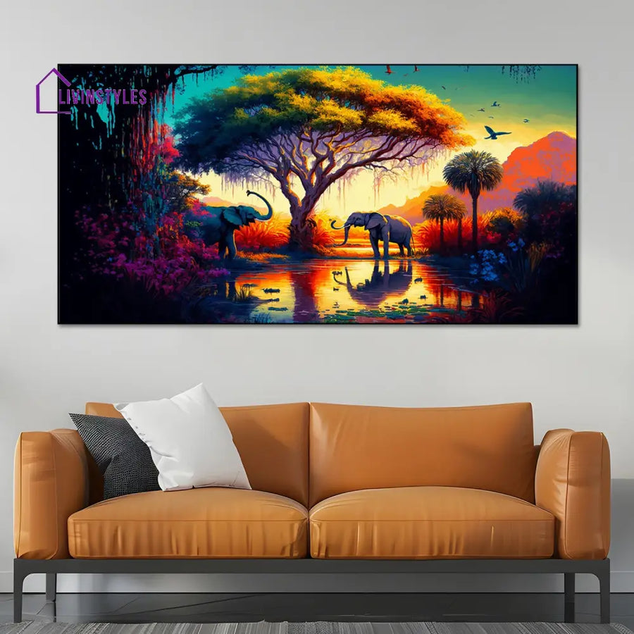 Serene Elephants Wading Through Water Wall Painting