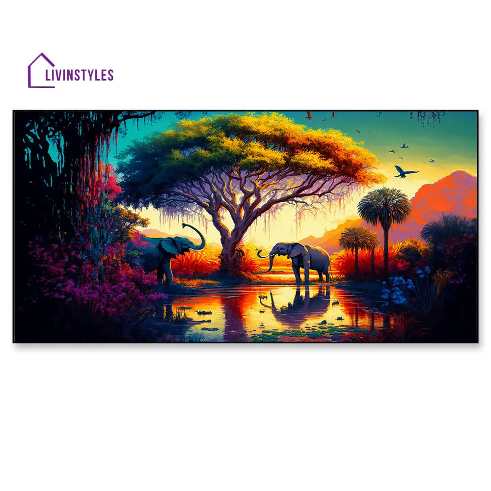 Serene Elephants Wading Through Water Wall Painting