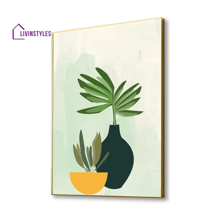 Serene Green Plant Bowl Art Canvas Wall Painting 16 X 20 Inch / Gold Floating Frame