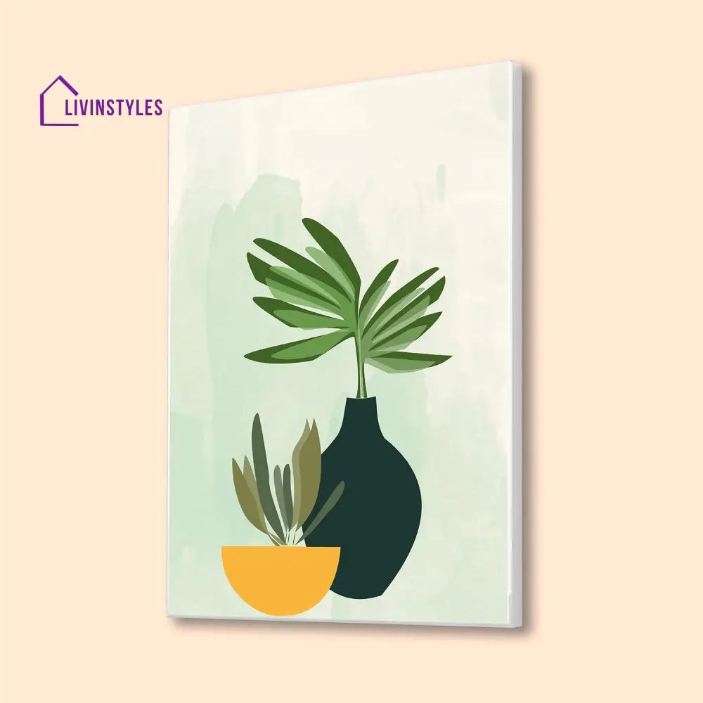 Serene Green Plant Bowl Art Canvas Wall Painting 16 X 20 Inch / White Floating Frame