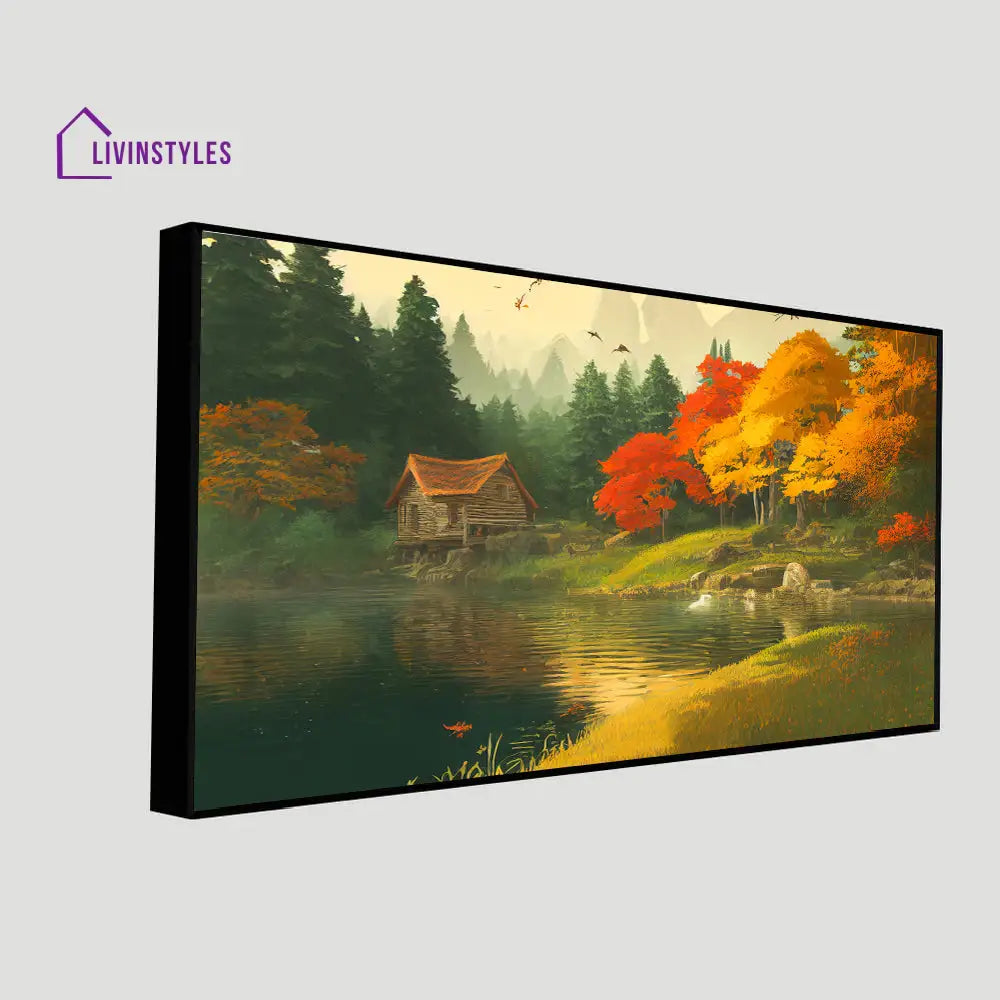 Serene Lake With Charming House Wall Painting