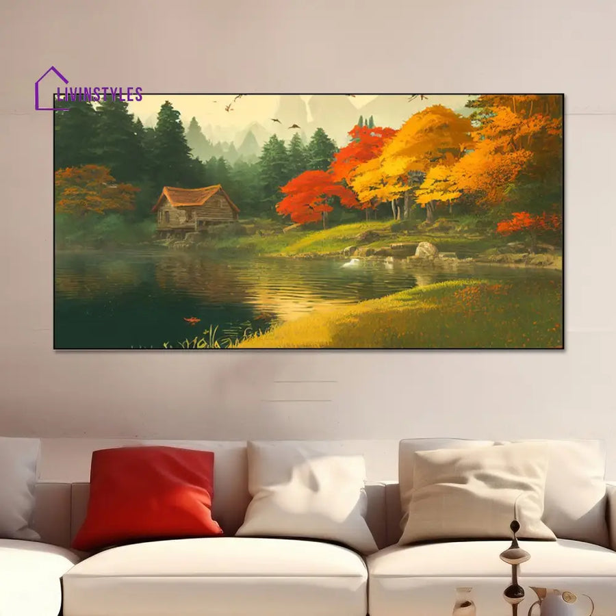 Serene Lake With Charming House Wall Painting