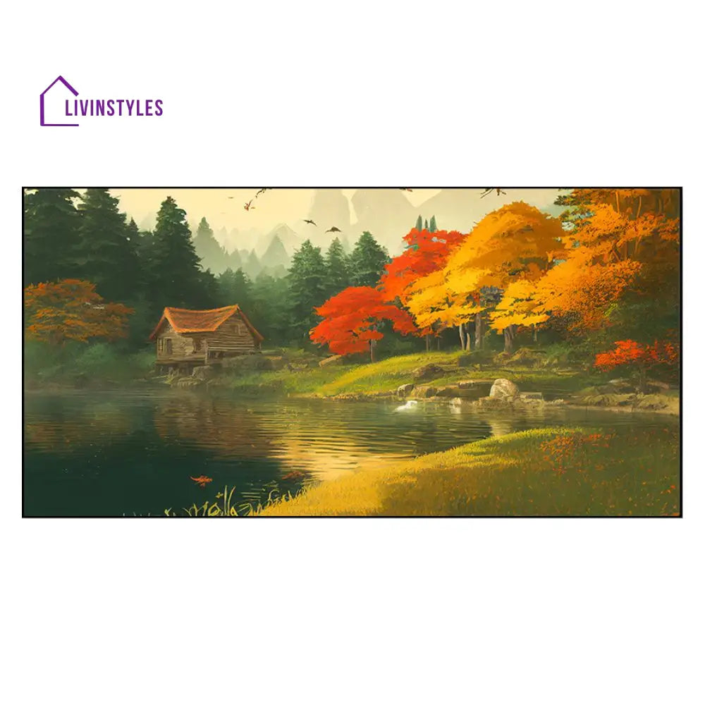 Serene Lake With Charming House Wall Painting