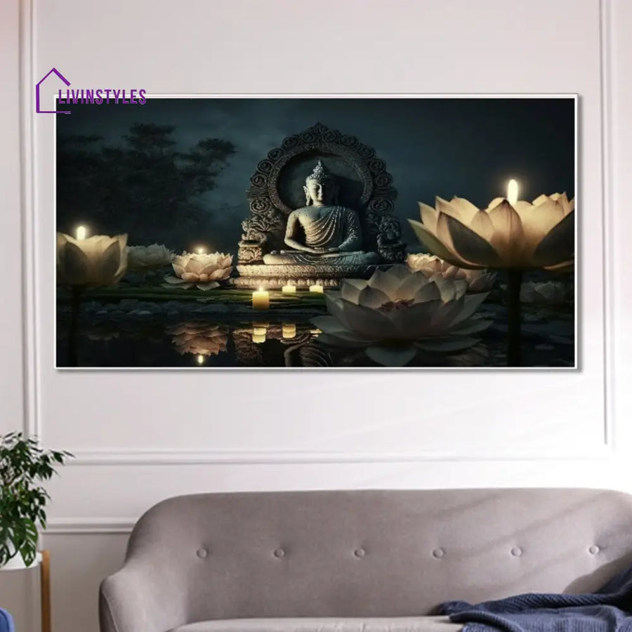 Serene Lotus And Meditating Buddha Wall Painting