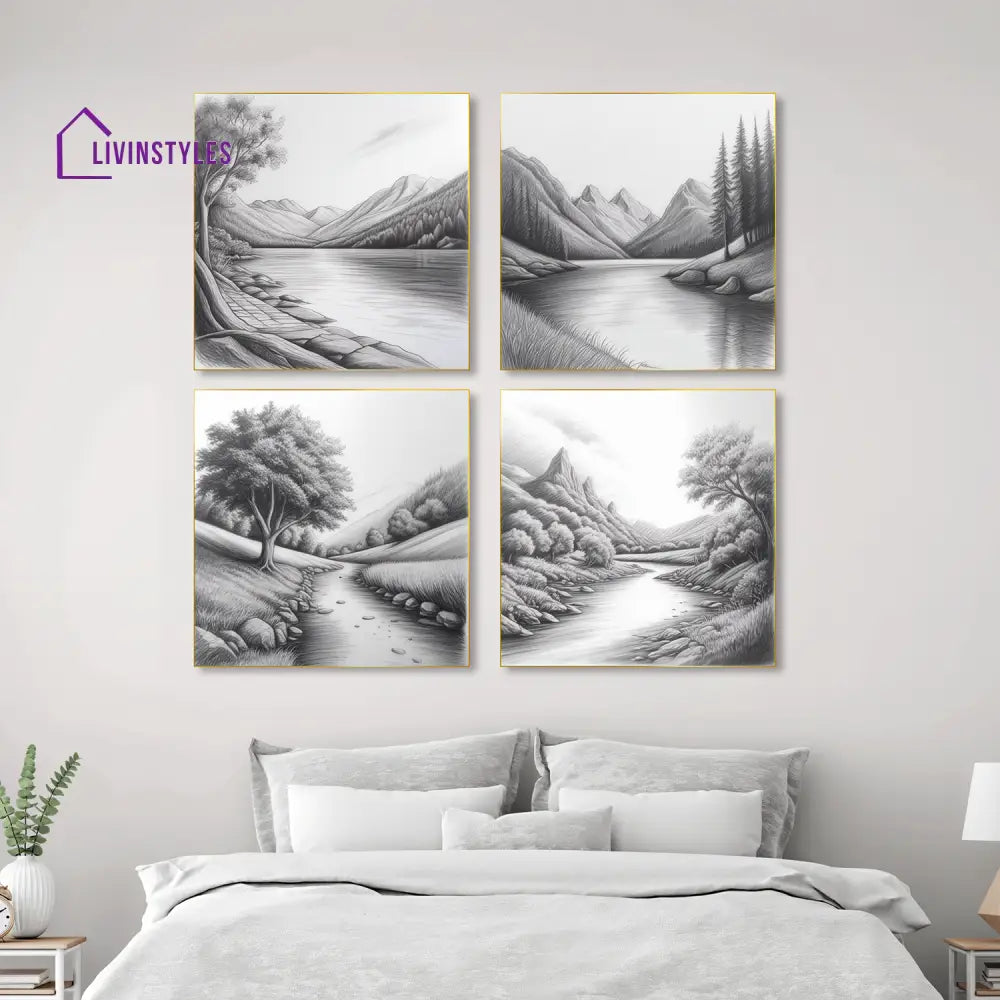 Serene River And Tree Art Set Of 4 Canvas Printed Wall Painting