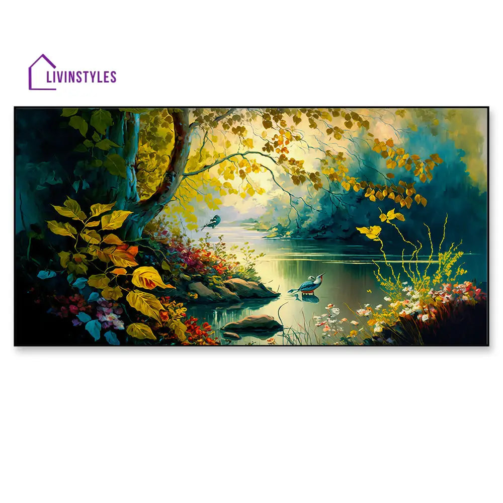 Serene River With Graceful Birds Wall Painting