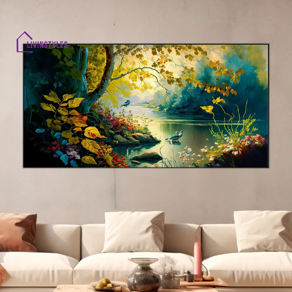 Serene River With Graceful Birds Wall Painting