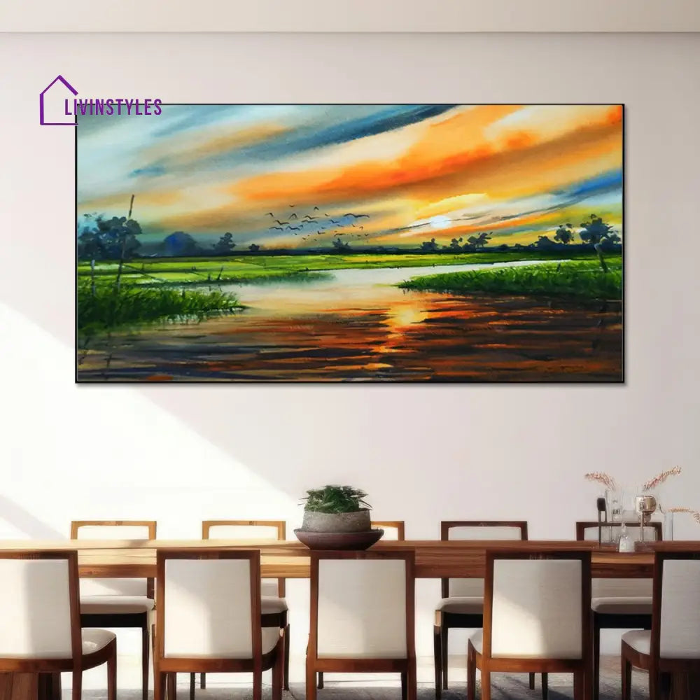 Serene Sunset Over Tranquil River Wall Painting