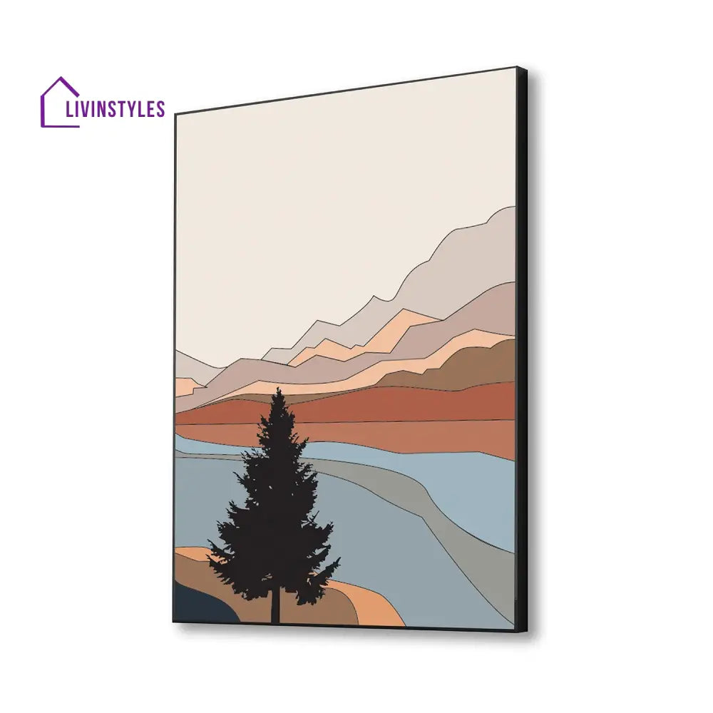 Serene Tree Mountains Canvas Art Print Wall Painting 16 X 20 Inch / Black Floating Frame