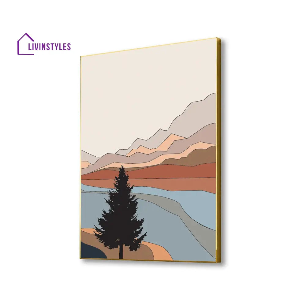 Serene Tree Mountains Canvas Art Print Wall Painting 16 X 20 Inch / Gold Floating Frame