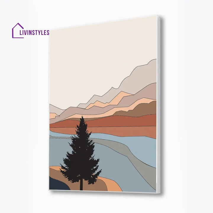 Serene Tree Mountains Canvas Art Print Wall Painting 16 X 20 Inch / White Floating Frame