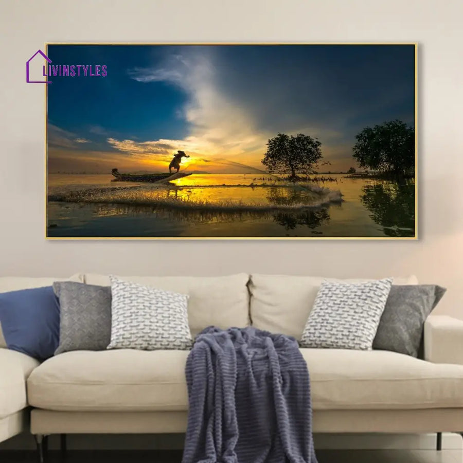 Serene Waterside Fisherman’s Sunset Wal Painting Wall