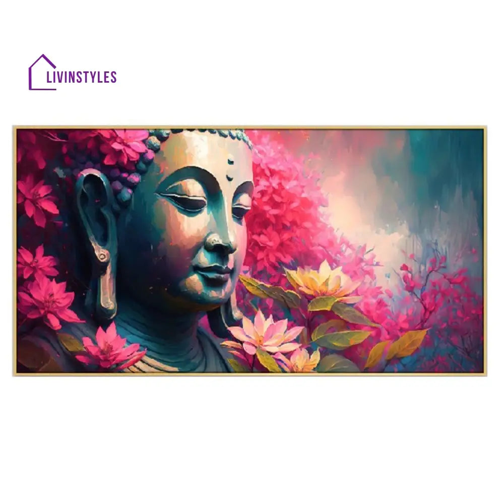 Serenity: Buddha Amidst Blooming Flowers Wall Painting