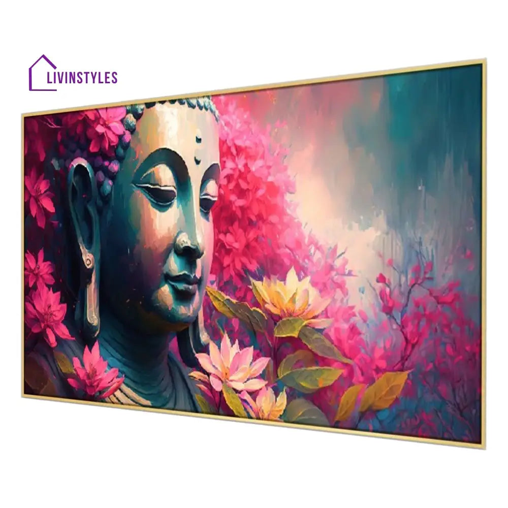 Serenity: Buddha Amidst Blooming Flowers Wall Painting