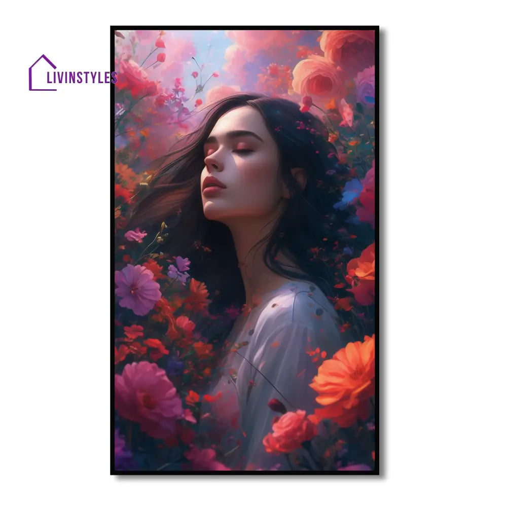 Serenity In Vibrant Flower Field Canvas Wall Painting 24 X 36 Inch / Black Floating Frame