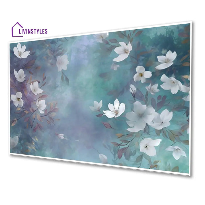 Serenity: White Flowers On Blue Wall Painting