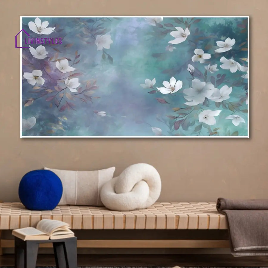 Serenity: White Flowers On Blue Wall Painting