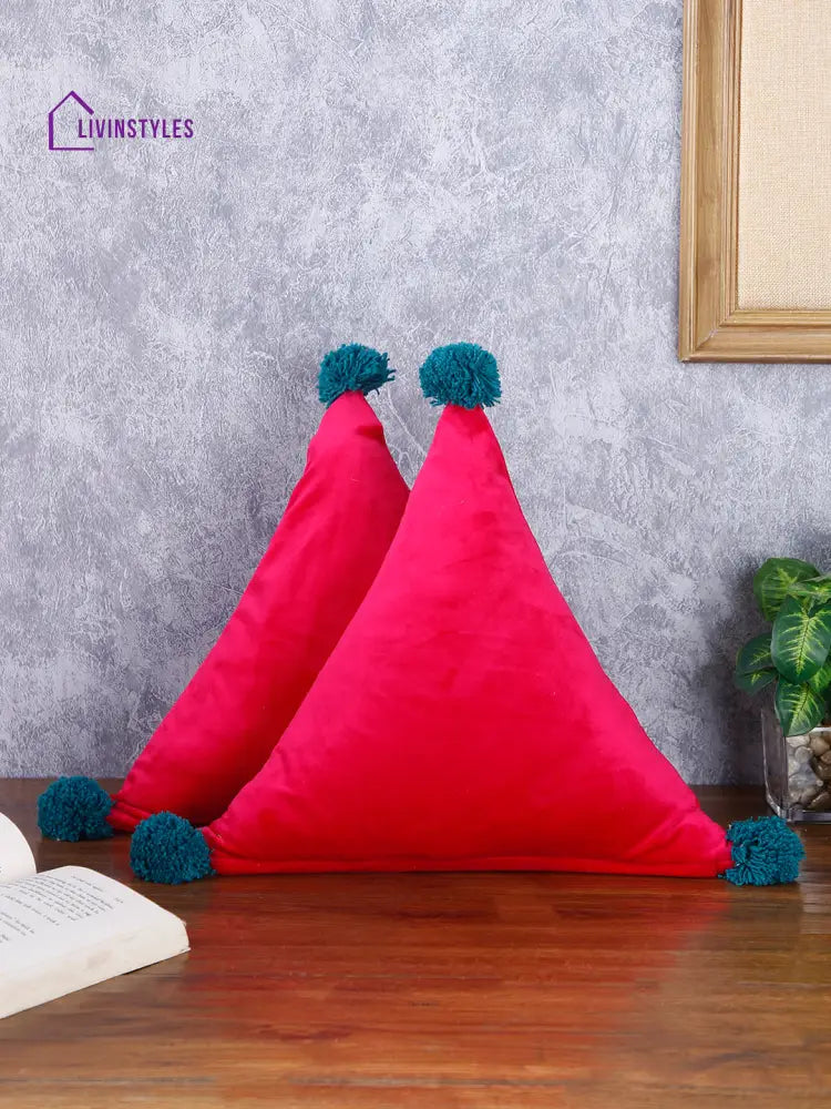 Set Of 2 Fuchsia Pink & Blue Triangle Shaped Super Soft Velvet Sustainable Cushions Cushion Cover