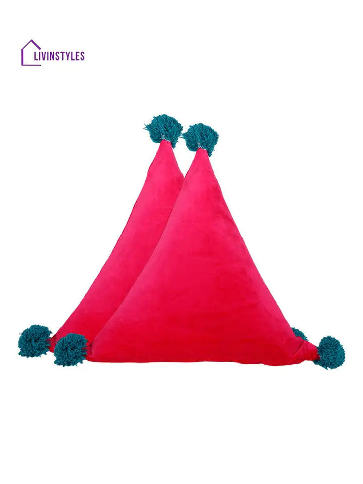 Set Of 2 Fuchsia Pink & Blue Triangle Shaped Super Soft Velvet Sustainable Cushions Cushion Cover