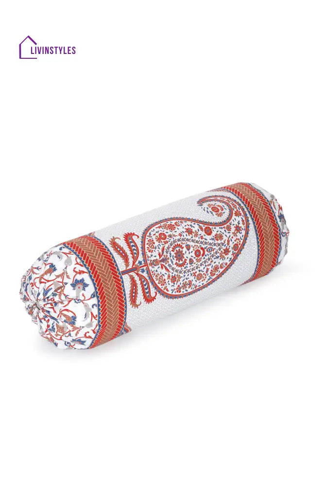 Set Of 8 White And Orange Floral Print Cotton Diwan