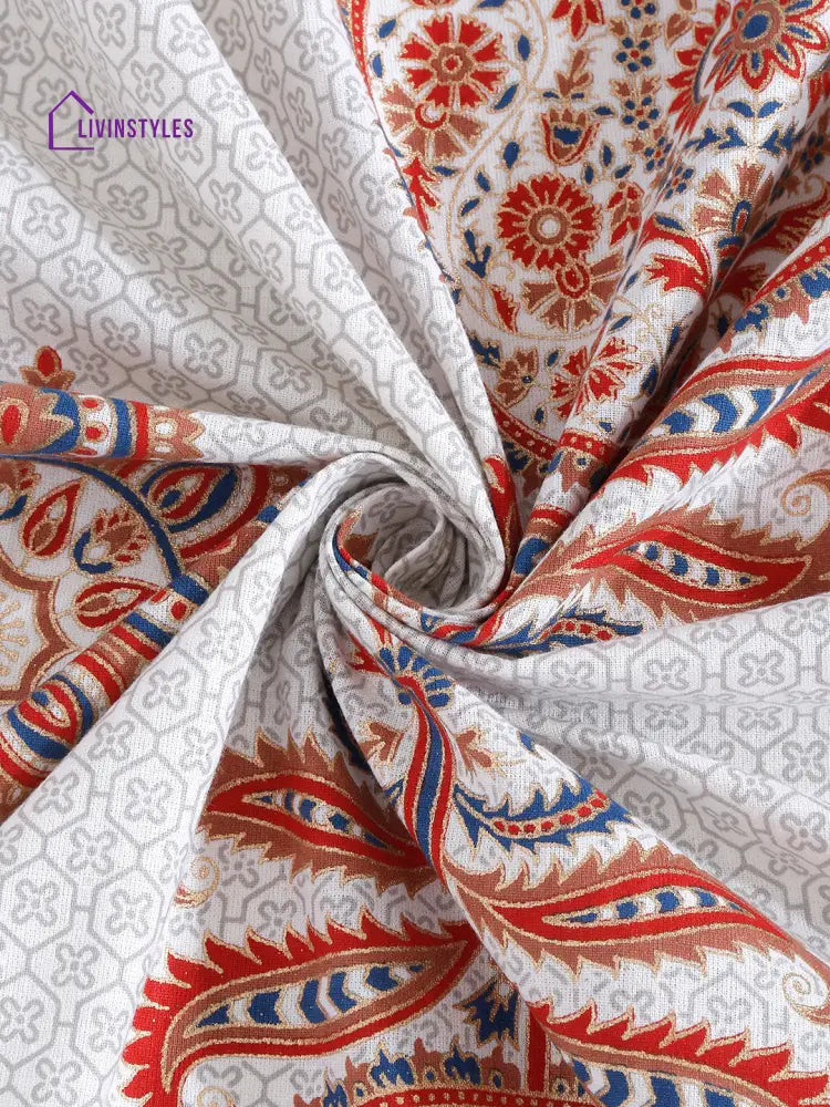 Set Of 8 White And Orange Floral Print Cotton Diwan