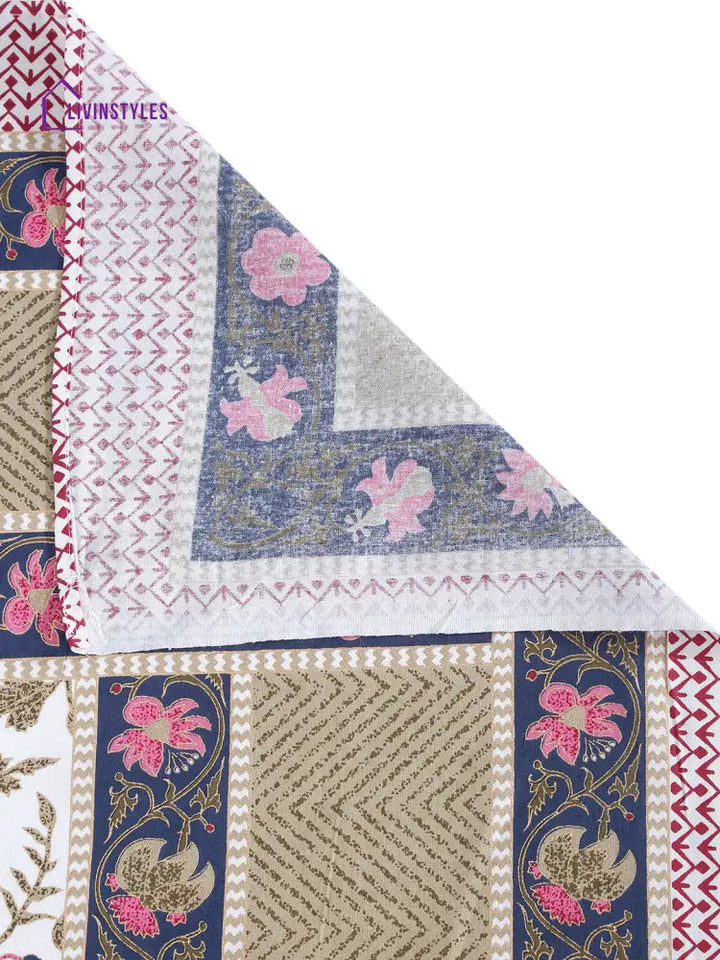 Set Of 8 White And Pink Floral Print Cotton Diwan