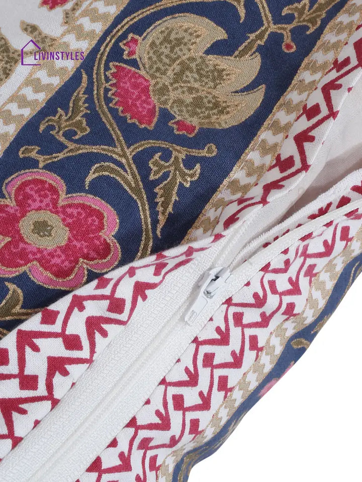 Set Of 8 White And Pink Floral Print Cotton Diwan