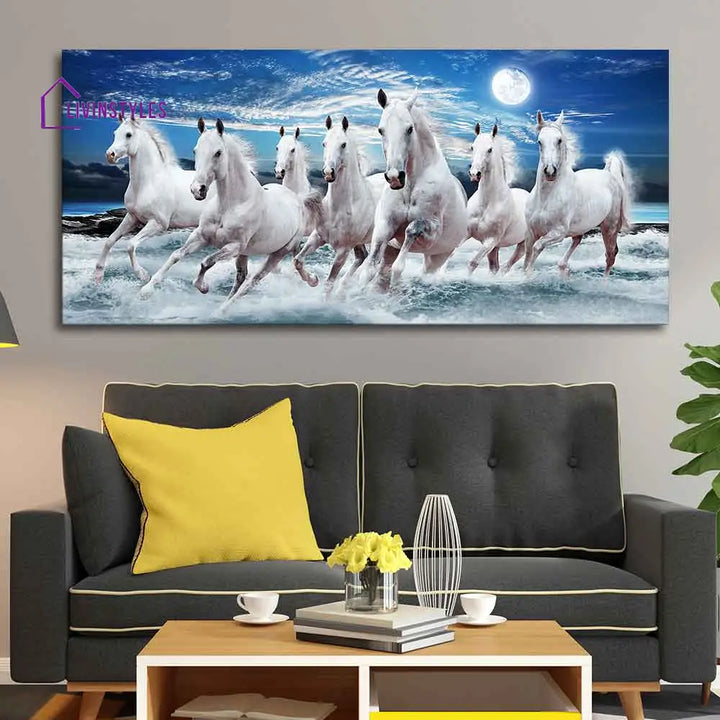 Seven Horses Running At Night Wall Painting - Only Printed Canvas (No Frame Included)