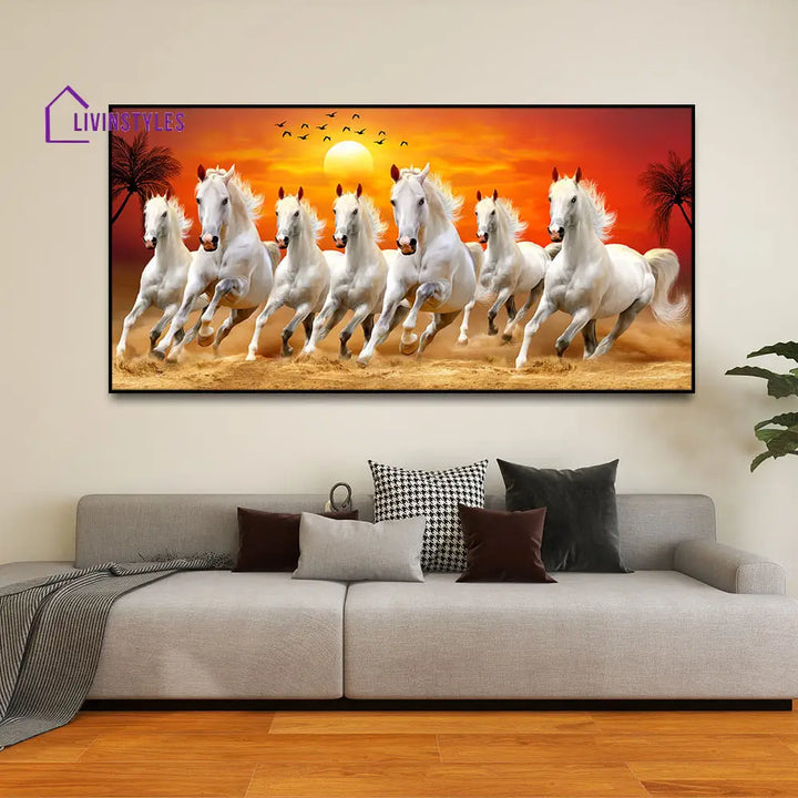 Seven Horses Running At Sunrise Premium Canvas Wall Painting Only Printed (No Frame Included)