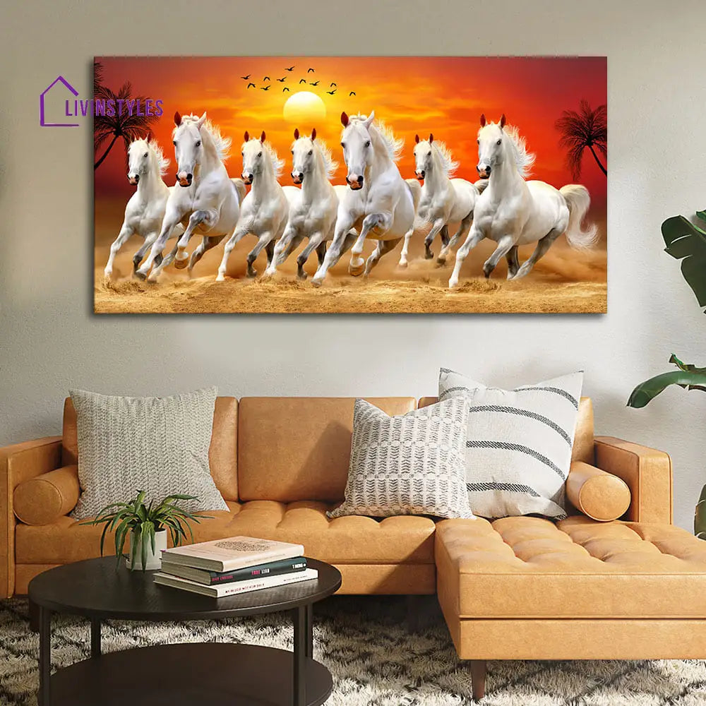 Seven Horses Running At Sunrise Premium Canvas Wall Painting Ready To Hang (Fitted With Wood Frame)