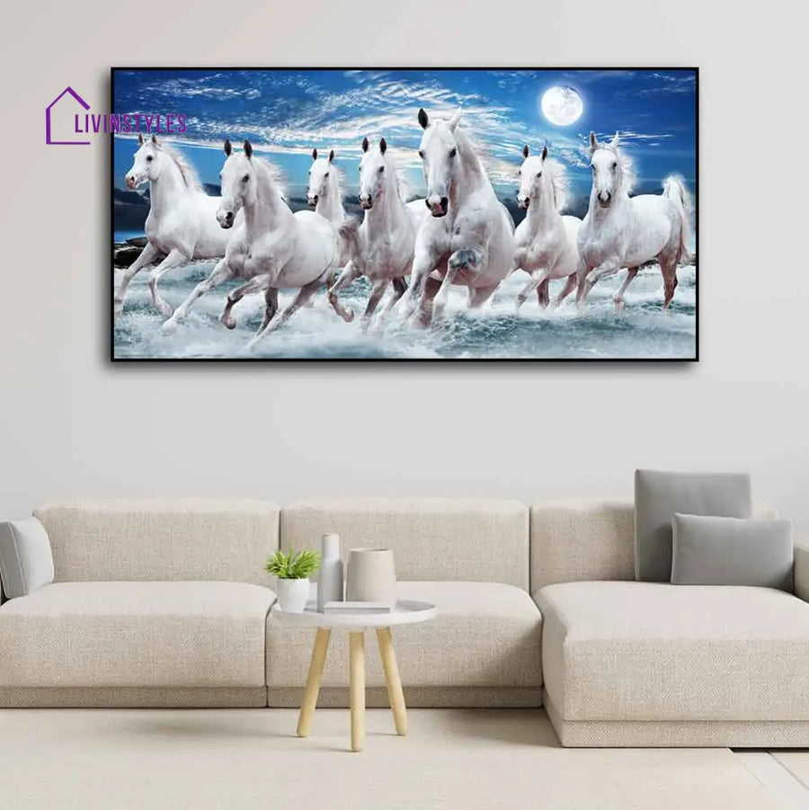 Seven Running Horses Wall Painting In Water Only Printed Canvas (No Frame Included)