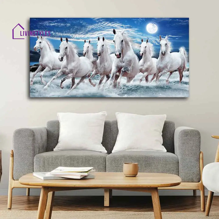 Seven Running Horses Wall Painting In Water Ready To Hang (Fitted With Wood Frame)