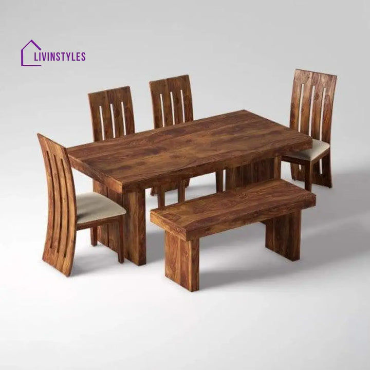 Sheesham Wood Dining Set Six Seater With Bench | Room Furniture In Honey Finish